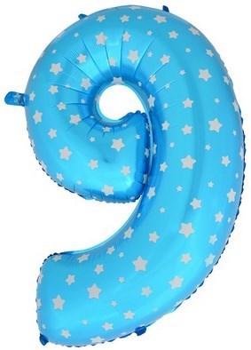 Воздушный шар цифра "9" голубая, со звездочками. - фото 4687