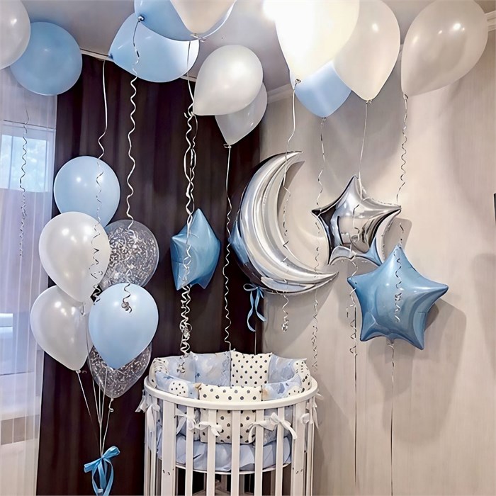 Украшение комнаты воздушными шарами для встречи новорожденного 3034