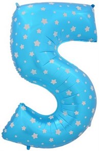 Воздушный шар цифра "5" голубая, со звездочками.