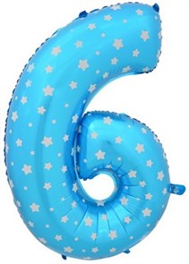 Воздушный шар цифра "6" голубая, со звездочками.