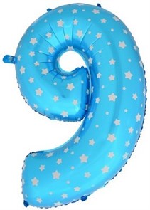 Воздушный шар цифра "9" голубая, со звездочками.